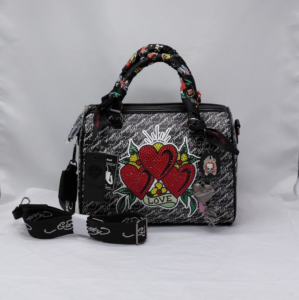 Ed Hardy Womens Satchel Shoulder Bag Hearts Rhinestone Tattoo Art Y2K Handbag